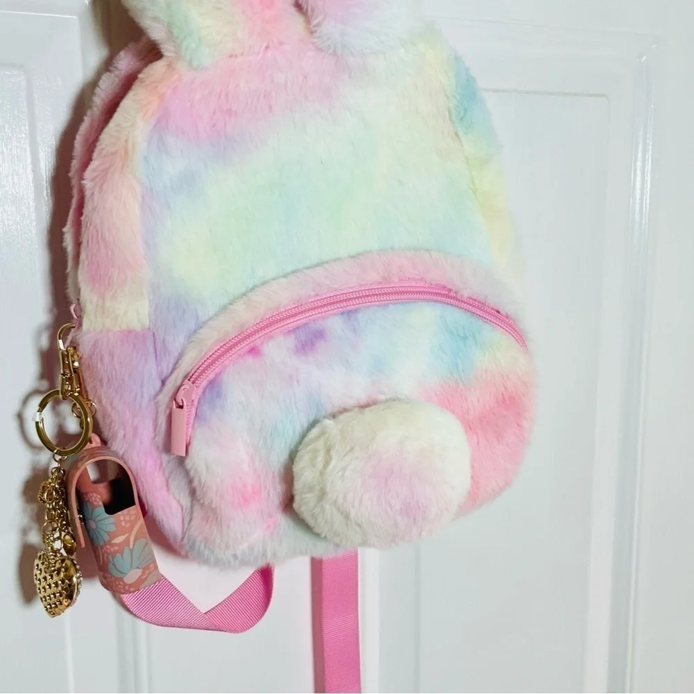 Claire’s Rainbow Bunny Plush Mini Backpack – Pastel Fuzzy Kids Bag NWT